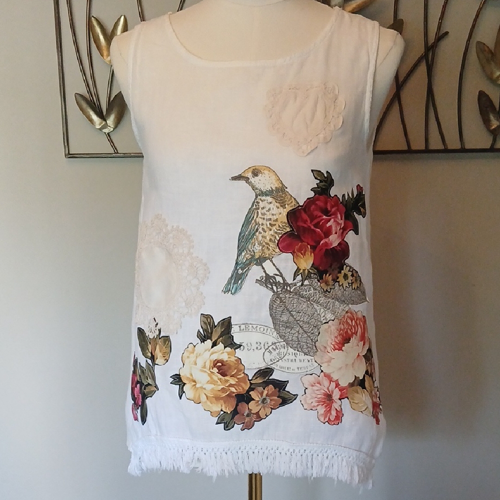 Reworked Linen Top Handmade Application Sz S